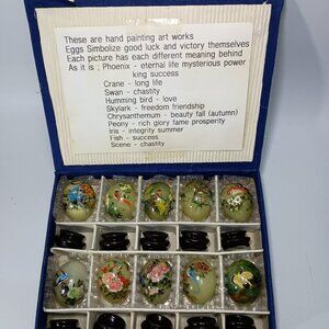Chinese Hand Painted Jade/Stone Eggs 10 count w/Stands Original Presentation Box